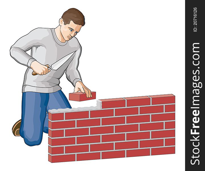 Illustration of a man building a brick wall. Illustration of a man building a brick wall.