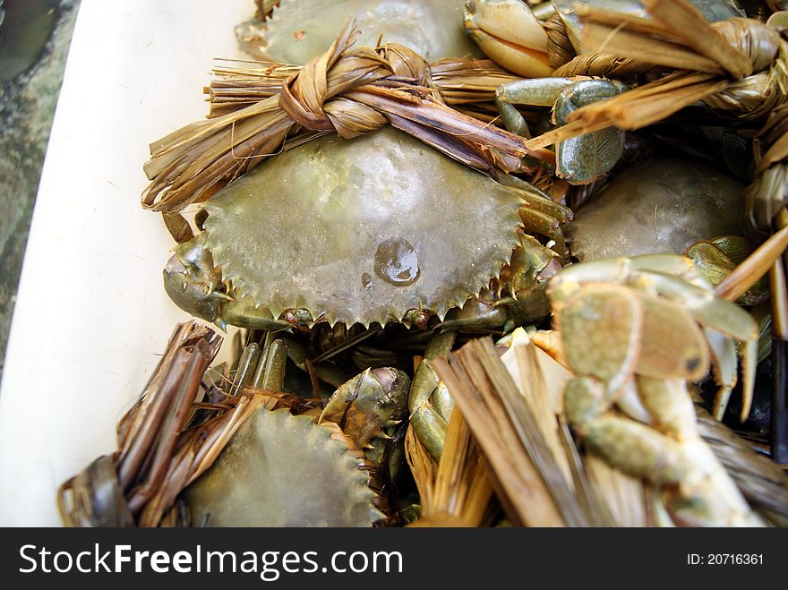 The sea crab, a large, bound by rope, sold in the seafood market.