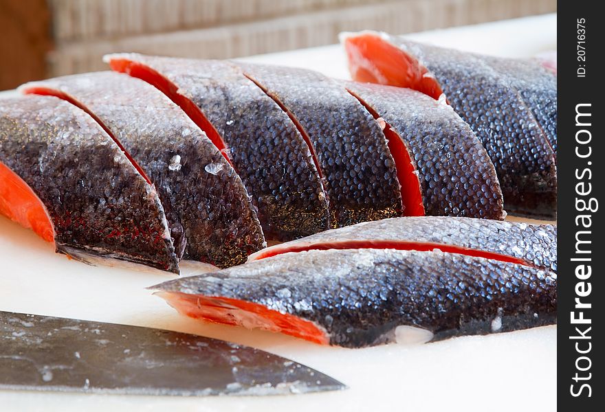 Sliced fish at Tsukiji market, Tokyo, Japan. Sliced fish at Tsukiji market, Tokyo, Japan.