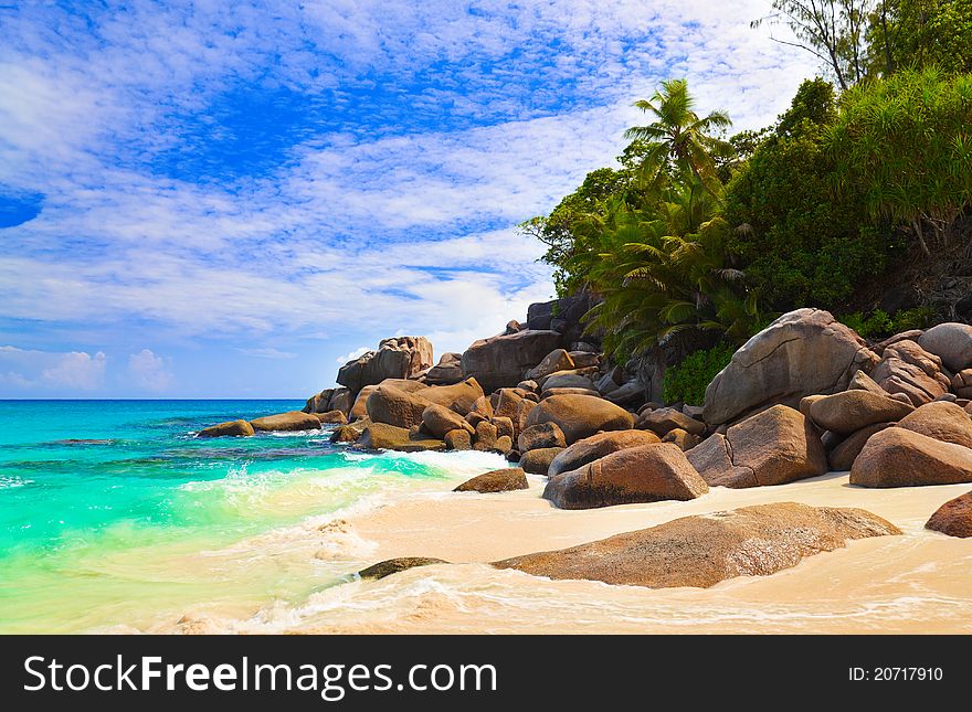 Tropical beach at island Praslin, Seychelles - vacation background