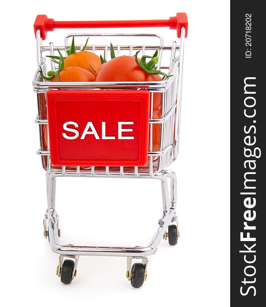 Cart full of tomatoes, on a white background