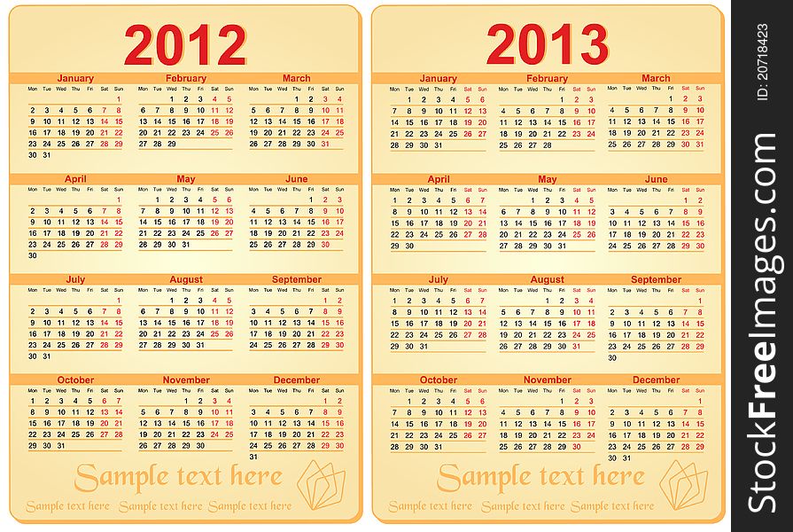 Set of 2012 and 2013 Calendar, with room for text