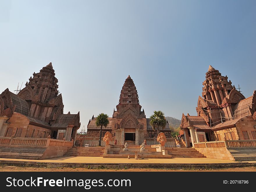 Unique architecture of ancient Thai Buddhist temple built of wood.