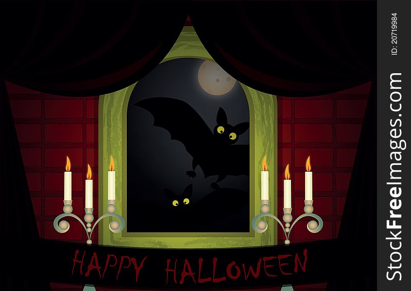 Room with window shades, candles and bats with moon in window. Room with window shades, candles and bats with moon in window