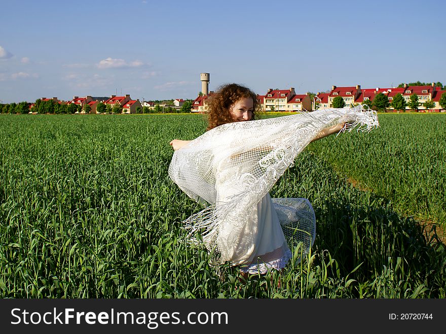 Curly Girl Dancing On Nature