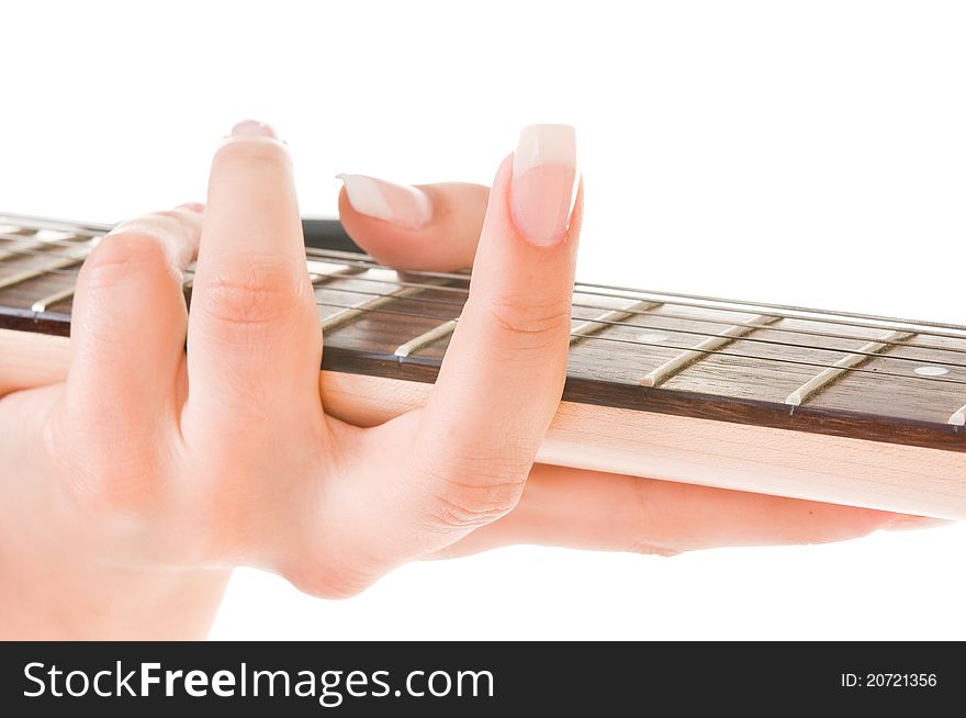 Hands and fingers with a guitar on a white background