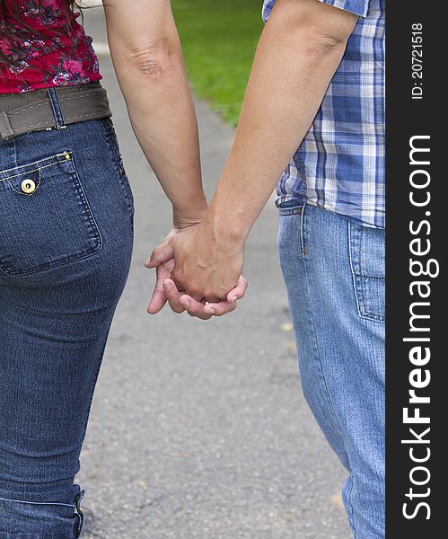 Couple walking in the park hand in hand.