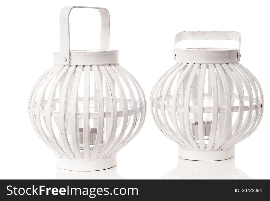 Two white decoration lanterns taken in studio for cutout with a white background.