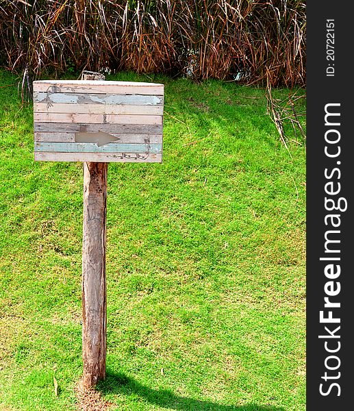 Blank wooden arrowed sign on the grass