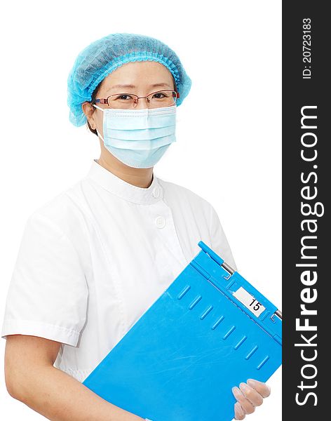 Beautiful Asian nurse with medical record folder
