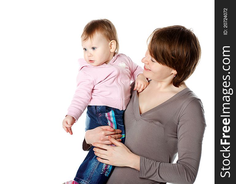 Picture of happy mother with baby over white