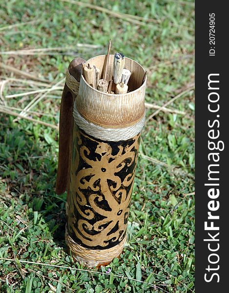 Traditional tribal container kalimantan Indonesia made of bamboo which contains arrows