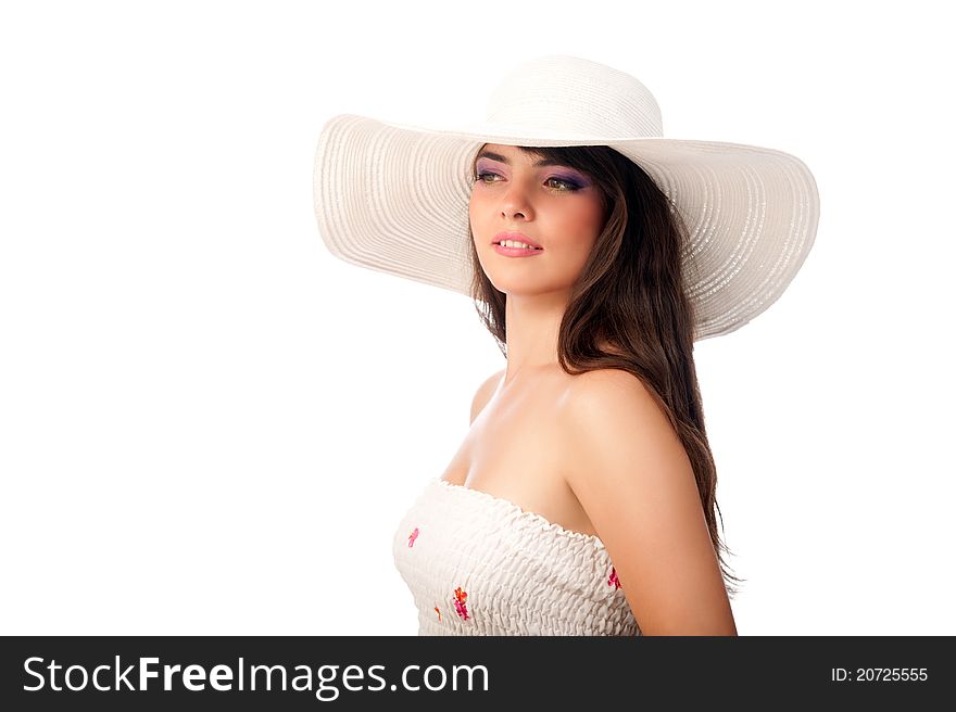 Woman in a white hat on the isolated background