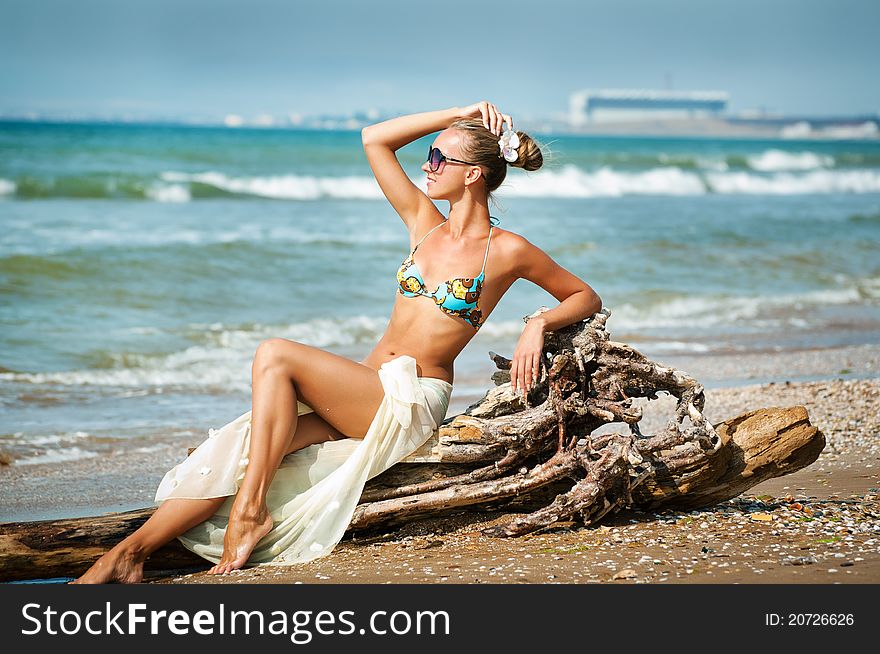 Young beautiful woman sitting on the log on the beach. Young beautiful woman sitting on the log on the beach