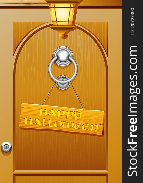 Illustration of happy halloween tag hanging on door. Illustration of happy halloween tag hanging on door
