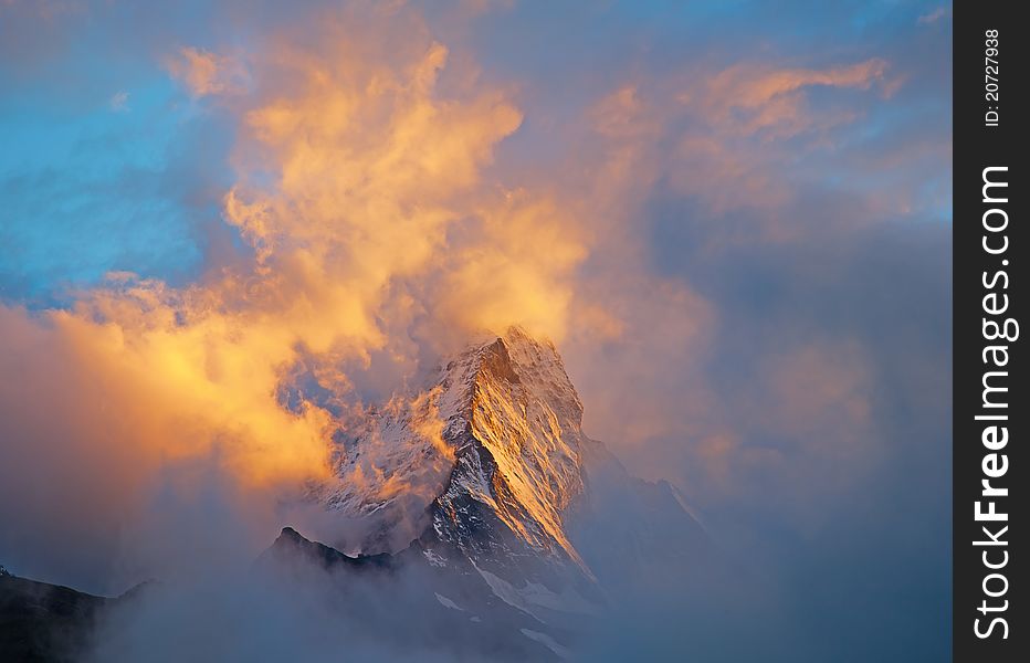 Dramatic sunset over famous Matterhorn (peak Cervino)