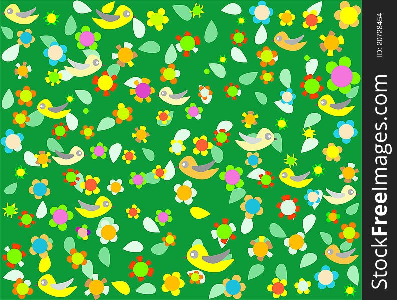 Cartoon birds on green background with flower decor. Cartoon birds on green background with flower decor