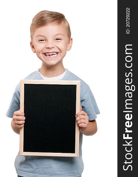 Portrait of a little boy holding a blackboard over white background. Portrait of a little boy holding a blackboard over white background