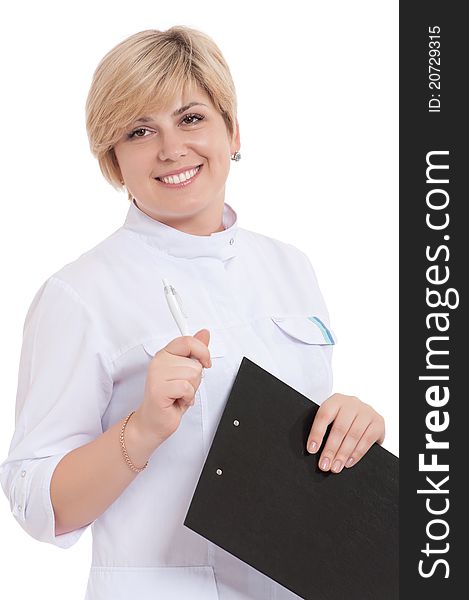 Portrait of smiling female doctor holding a clipboard - isolated over a white background