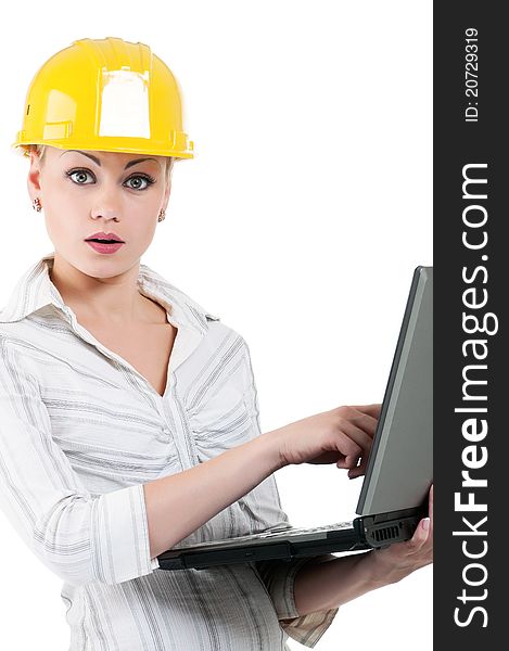 Portrait of attractive architect girl with hard hat - isolated on white background