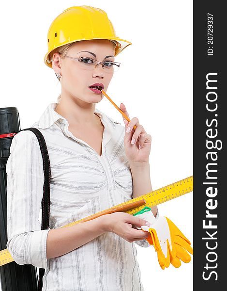 Portrait of attractive architect girl with hard hat - isolated on white background