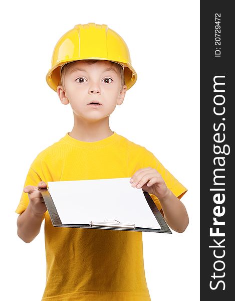 Portrait of little boy with hard hat on white background. Portrait of little boy with hard hat on white background