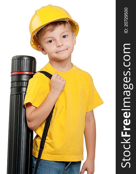 Portrait of little boy with hard hat on white background. Portrait of little boy with hard hat on white background