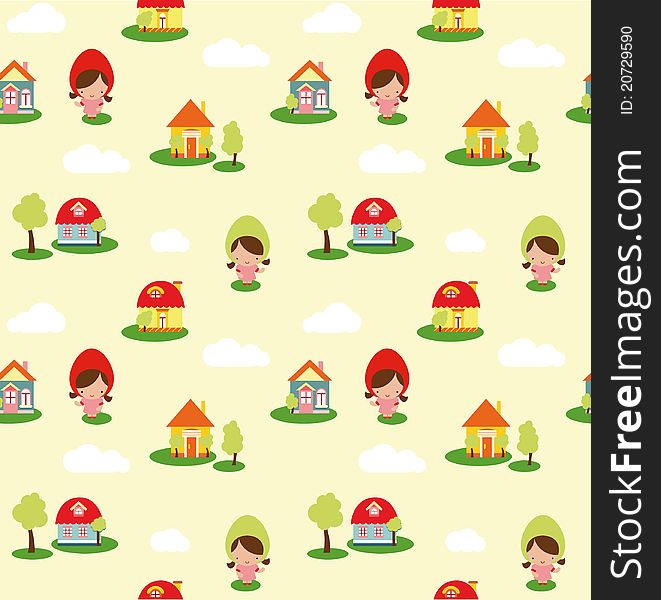 Seamless Vector Pattern of Cute Houses and Girls. Seamless Vector Pattern of Cute Houses and Girls