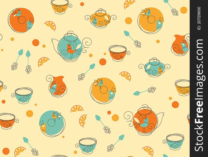 Seamless Vector Pattern of Tea Objects in Retro-Styled. Seamless Vector Pattern of Tea Objects in Retro-Styled