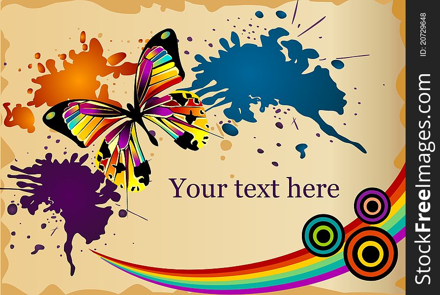 Butterfly, colored paint splatters and text