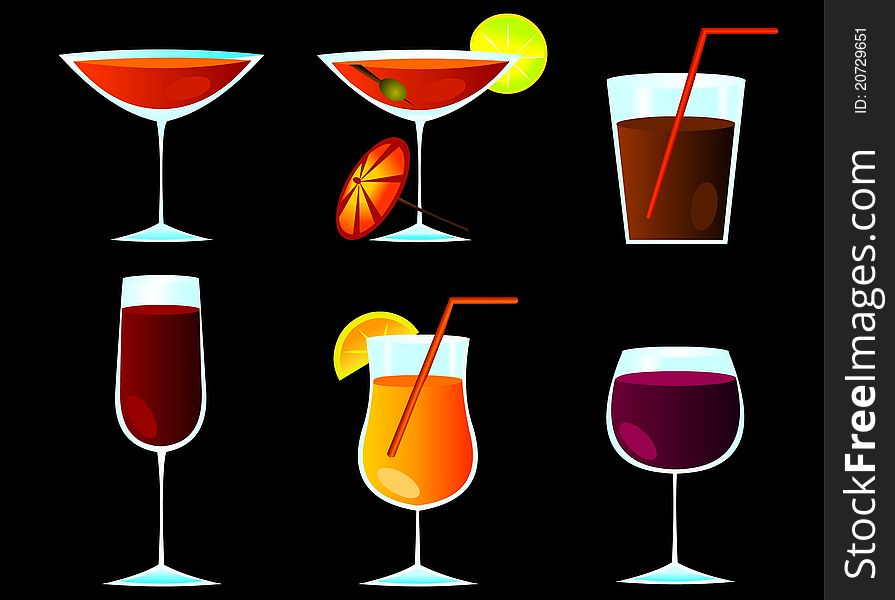 Colored cocktail glasses on black background