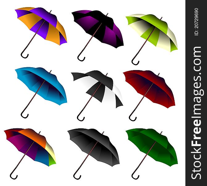 Collection of colored umbrellas on white background