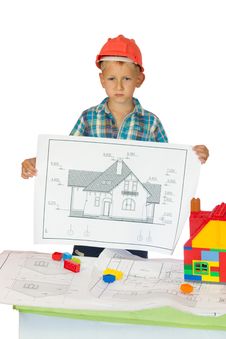 Boy In Orange Helmet With House Drawing Royalty Free Stock Image Boy In Orange Helmet With House Drawing Royalty Free Stock Image