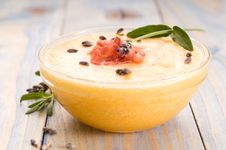 Fresh Melon Soup With Parma Ham And Lavender Royalty Free Stock Photography Fresh Melon Soup With Parma Ham And Lavender Royalty Free Stock Photography