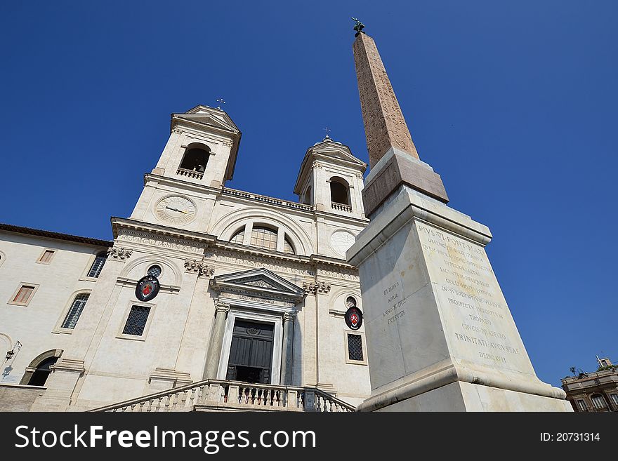 The church of the Santissima TrinitÃ  dei Monti (often called merely the TrinitÃ  dei Monti) is a late Renaissance titular church in Rome, central Italy. It is best known for its commanding position above the Spanish Steps. The church of the Santissima TrinitÃ  dei Monti (often called merely the TrinitÃ  dei Monti) is a late Renaissance titular church in Rome, central Italy. It is best known for its commanding position above the Spanish Steps.