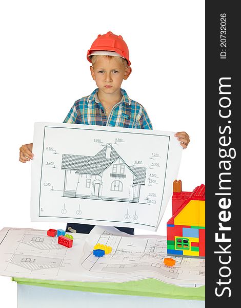 Boy In Orange Helmet  With House Drawing