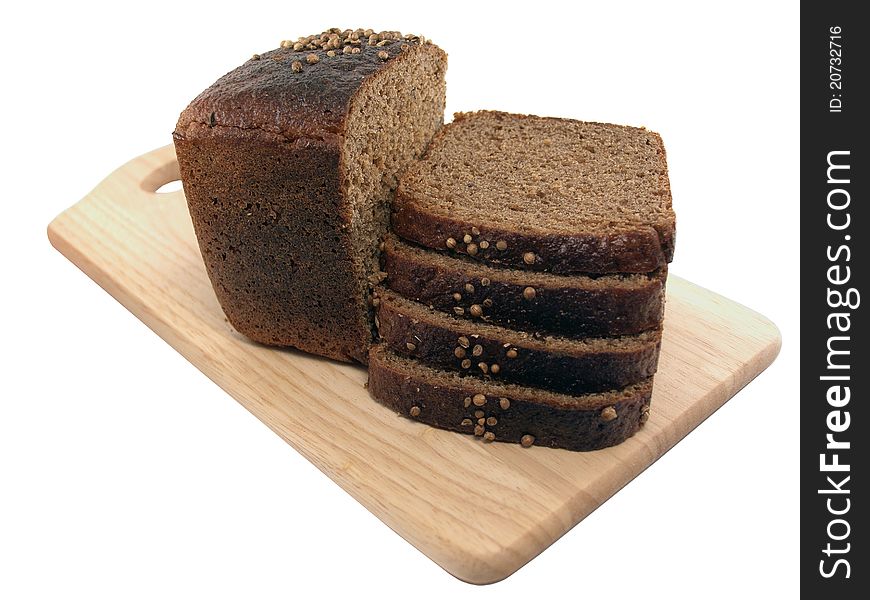 Brown bread slices wooden cutting board on a white background