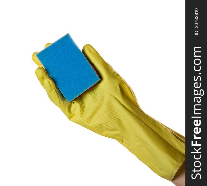 Hand in glove holding washing sponge, isolated over white