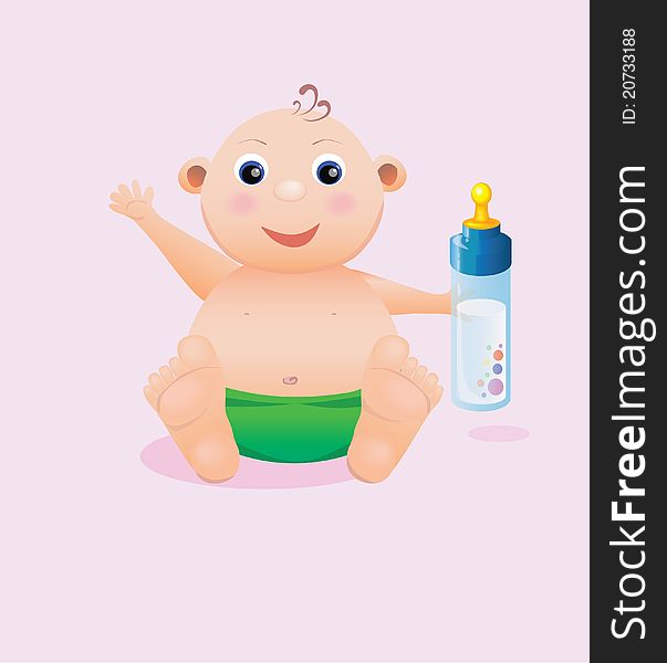 Sitting baby holds a bottle.