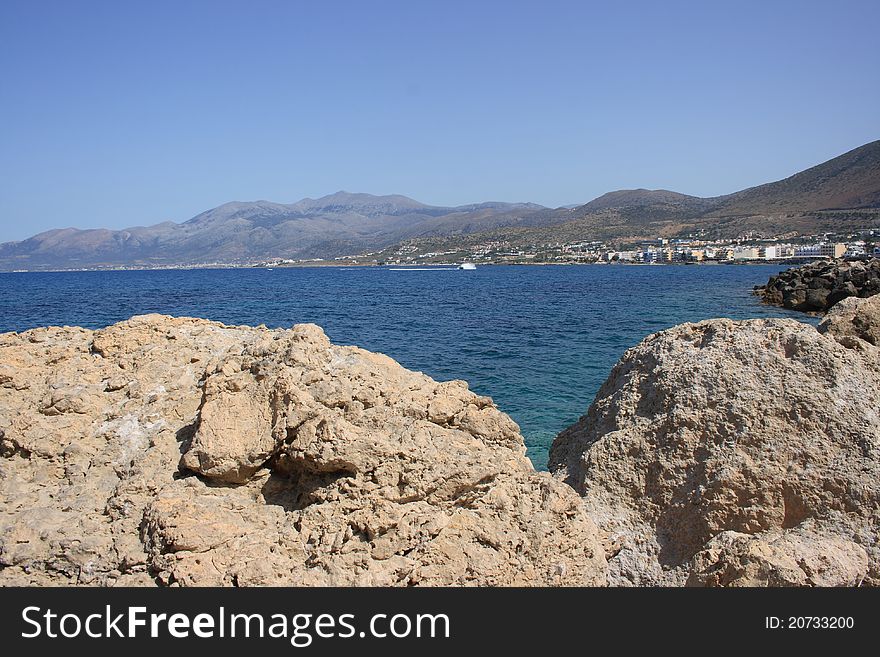 Rock shore of Mediterranean Sea in Hersonissos, Crete
