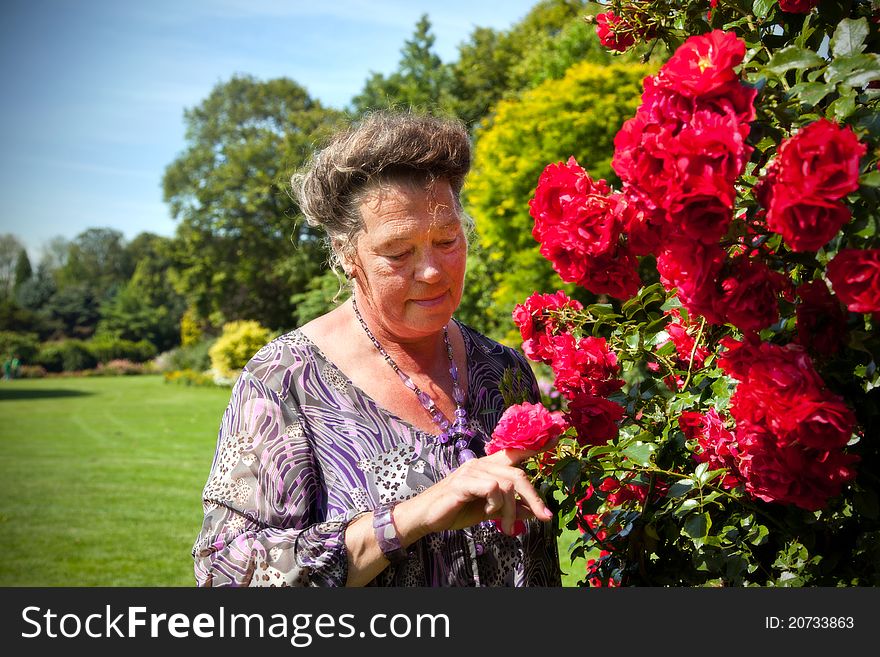 Old woman in garden with roses