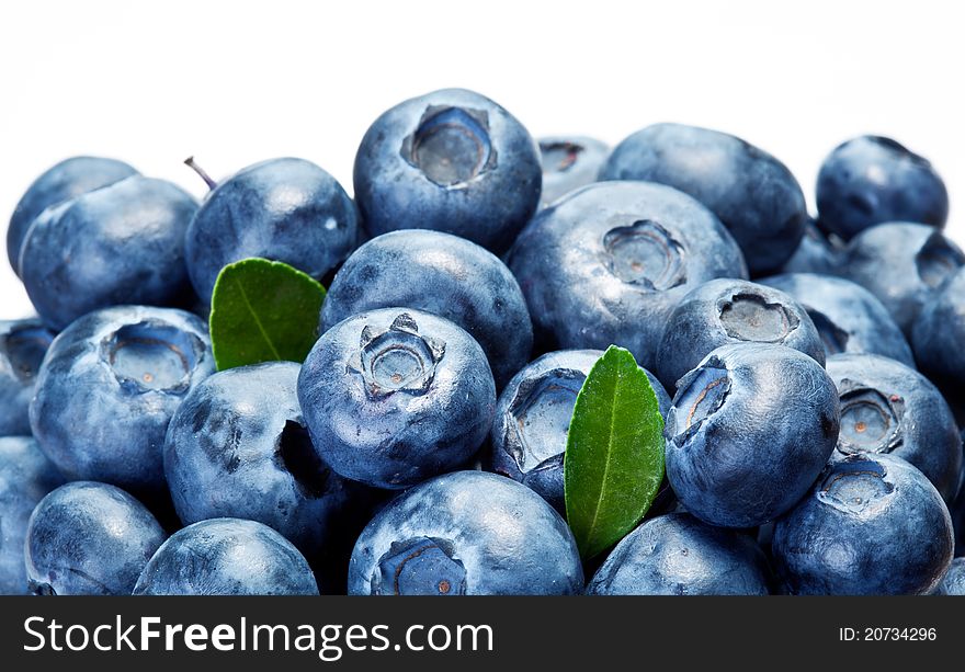 Blueberries with leaves isolated from above white background.