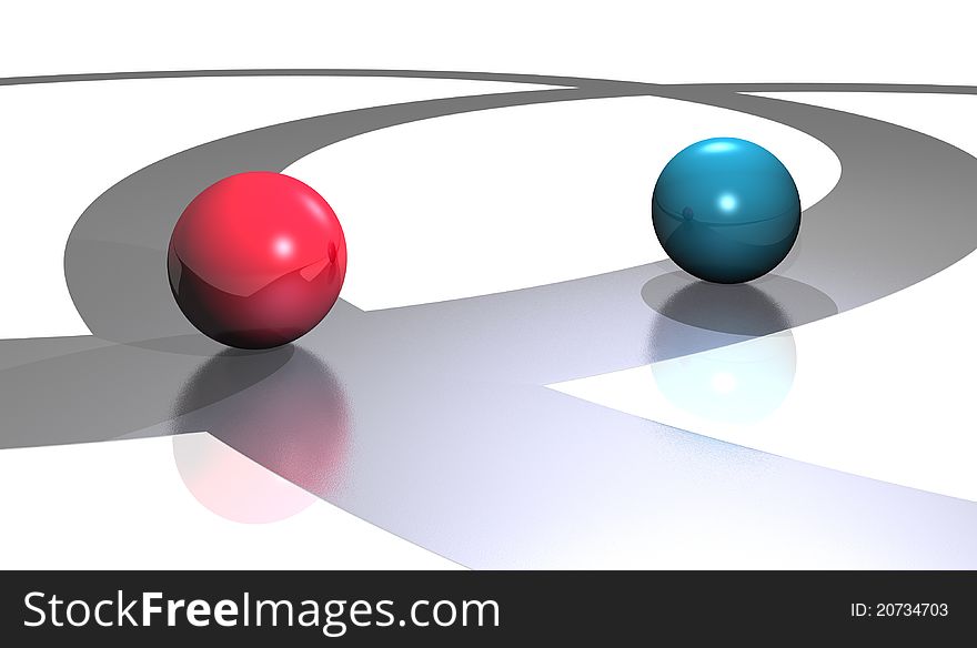 Illustration of two spheres of red color and blue on road layout. Illustration of two spheres of red color and blue on road layout