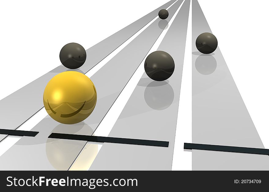 Illustration of spheres of dark gray color and another of golden color on rails and goal