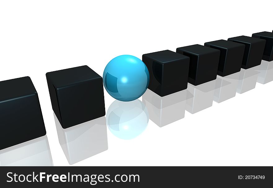 Illustration of cubes of dark gray color and ball of blue color. Illustration of cubes of dark gray color and ball of blue color