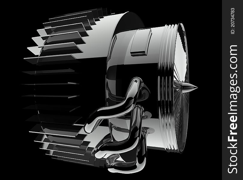 Glossy turbojet engine on a black background.