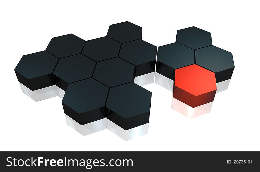 illustration of hexagons in dark gray color and one in red color