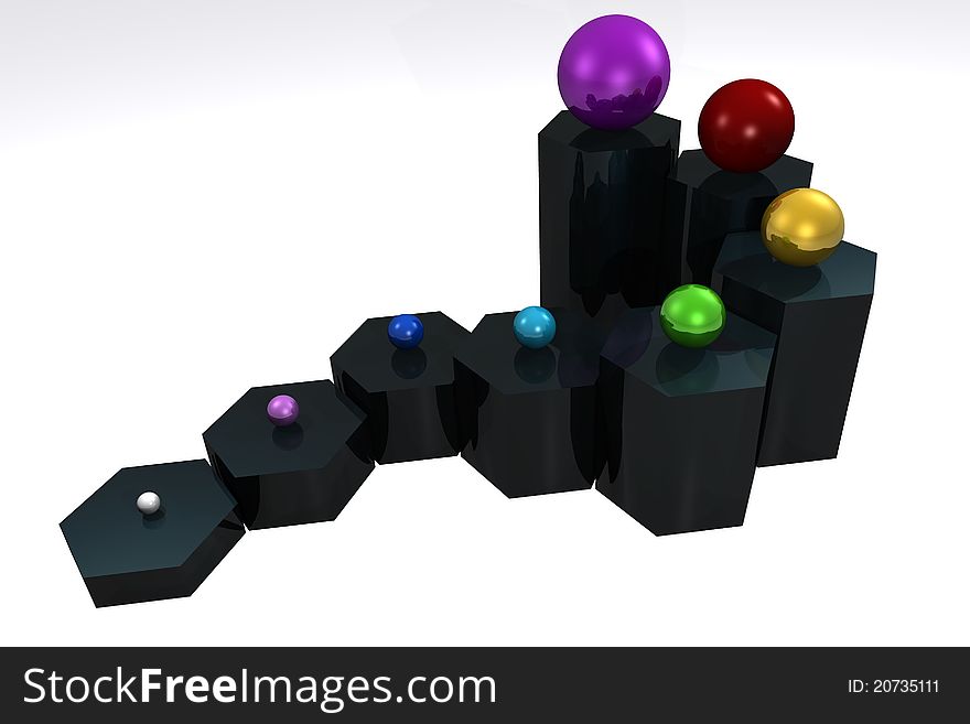 Illustration of stairway of hexagons of dark gray color and spheres of colors