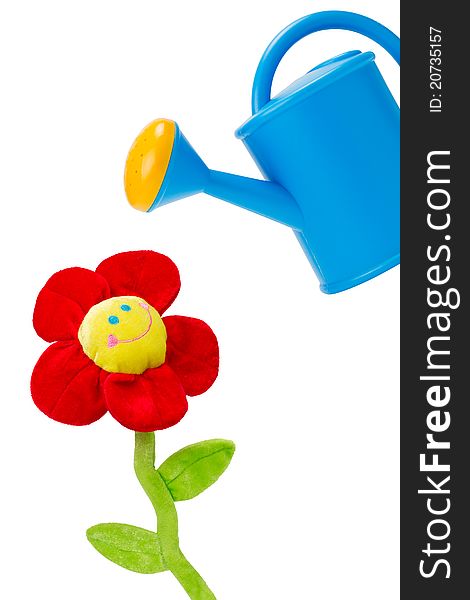 Toy watering can and flower on white background