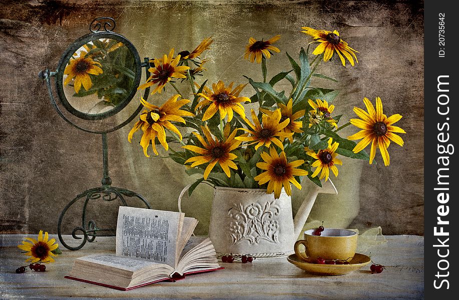 Still life with yellow flowers and mirror. Still life with yellow flowers and mirror